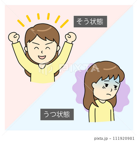 躁うつ病のそう状態とうつ状態の若い女性 111920981