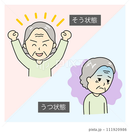 躁うつ病のそう状態とうつ状態のおばあさん 躁うつ病のそう状態とうつ状態のおばあさん 111920986