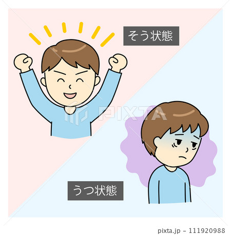 躁うつ病のそう状態とうつ状態の若い男性 躁うつ病のそう状態とうつ状態の若い男性 111920988