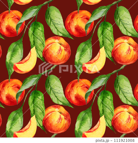 watercolor seamless pattern with illustration of summer fruit, peach or apricot, nectarine on a branches with green leaves, sketch of sweet food on brown background 111921008