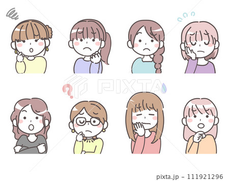 首を傾げて悩んでいる女性　困っている セット1 111921296