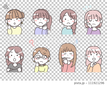 首を傾げて悩んでいる女性　困っている セット1 111921296