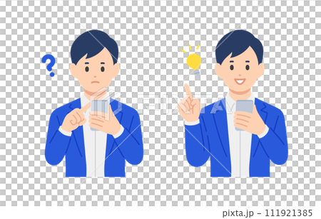 A set of business people looking at their smartphones and having doubts/posing inspiration poses [People vector illustration material] 111921385