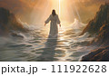 AI-generated content. Jesus Walking On Water Between Rocks 111922628