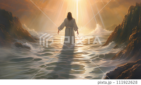 AI-generated content. Jesus Walking On Water Between Rocks 111922628