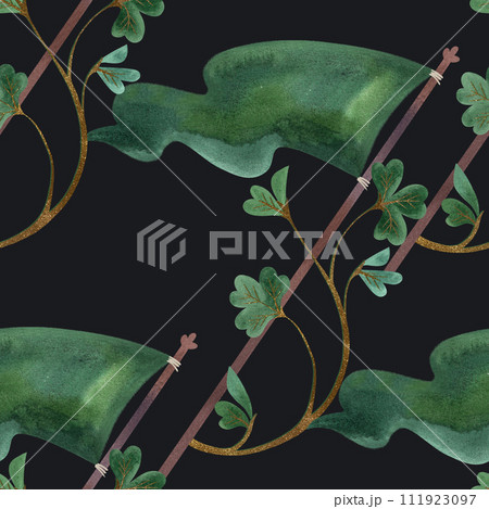 Seamless pattern with symbols of Ireland. Wrapping paper for St. Patrick's Day. Watercolor in vintage style on a black background. 111923097