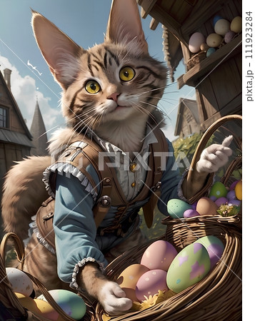 beautiful cat at the market with a basket, multi-colored Easter eggs in the basket. 111923284