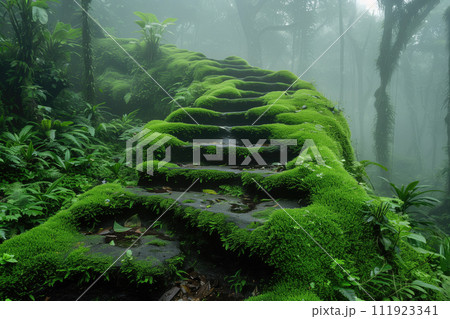 mossy ancient stone stairs in the rainforest 111923341
