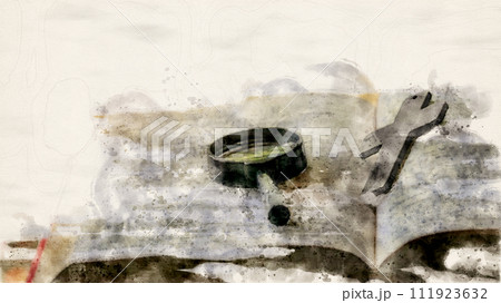 Artificial painting of black magnifying glass and brown wooden cross Artificial painting of black magnifying glass and brown wooden cross 111923632