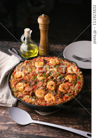 shirimp and sausage jambalaya, traditional lousiana food shirimp and sausage jambalaya, traditional lousiana food 111923832