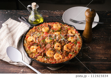 shirimp and sausage jambalaya, traditional lousiana food shirimp and sausage jambalaya, traditional lousiana food 111923834
