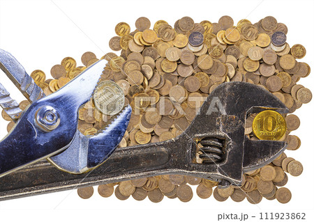 Allegory of the global financial crisis - Iron 10 rubles coin (written ten rubles, the Bank of Russia) in the grip of economic crisis, on a white background. Finance and business concept 111923862