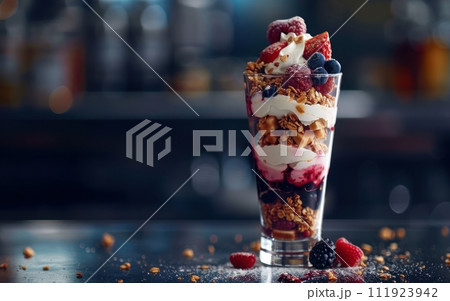 Luscious close up of a summer berry parfait layers of yogurt granola and fruits in a tall glass 111923942