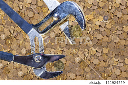 Allegory of the global financial crisis - Iron 10 rubles coin (written ten rubles, the Bank of Russia) in the grip of economic crisis. Finance and business concept 111924239