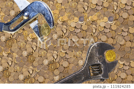 Allegory of the global financial crisis - Iron 10 rubles coin (written ten rubles, the Bank of Russia) in the grip of economic crisis. Finance and business concept 111924285