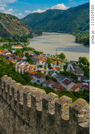 Panorama of Wachau valley with Danube river near Duernstein village in Lower Austria. Traditional wine and tourism region, Danube cruises. Panorama of Wachau valley with Danube river near Duernstein village in Lower Austria. Traditional wine and tourism region, Danube cruises. 111924560
