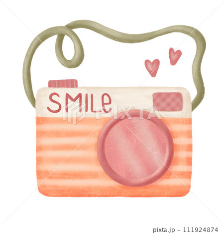 Cartoon style illustration. Cute retro photo camera. Digital device with lens in vintage 111924874