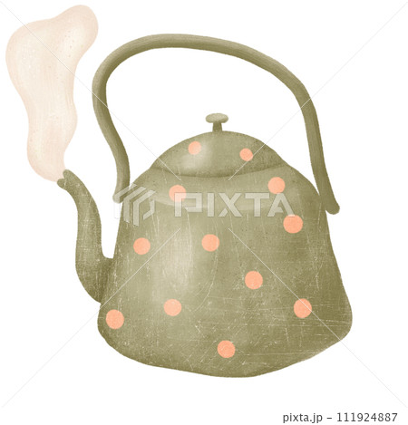 Green retro teapot with dots design. Retro art. Stylish home decor and kitchen accessory Green retro teapot with dots design. Retro art. Stylish home decor and kitchen accessory 111924887