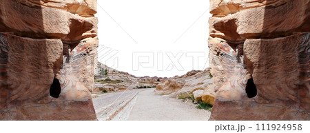 Mountains of Petra ( carved on white background), Jordan, Middle East. Petra has been a UNESCO World Heritage Site since 1985 Mountains of Petra ( carved on white background), Jordan, Middle East. Petra has been a UNESCO World Heritage Site since 1985 111924958