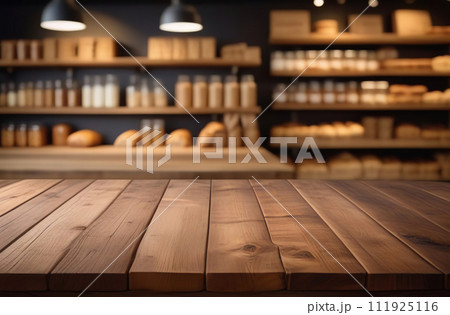 Empty table top with supermarket blurred defocused panorama, bokeh light. Backdrop for display montage products. Blank wood textured counter, blur grocery, bio eco market store background. Front view 111925116