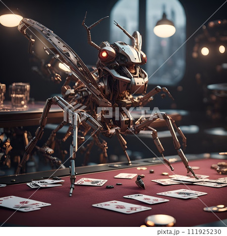 AI-generated content. Cyborg Sentinel: A Gigantic Mechanical Guardian Resting Above a Table. Generative AI. 111925230