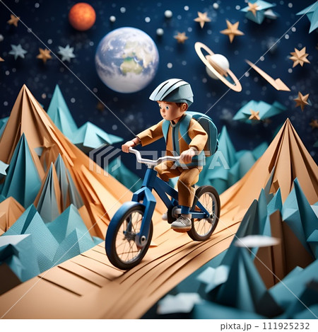 AI-generated content. The Paper Parade: A Whimsical Journey of a Boy on a Bicycle. Generative AI. 111925232