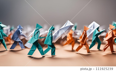 AI-generated content. Folded Footsteps: A Whimsical Parade of Origami Figures Gracefully Crossing an Imaginary World on a Table. Generative AI. 111925239