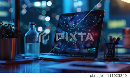 Laptop with creative glowing hexagon interface and chemical formula on table in laboratory on computer screen. Technology science and communication concept. 111925240