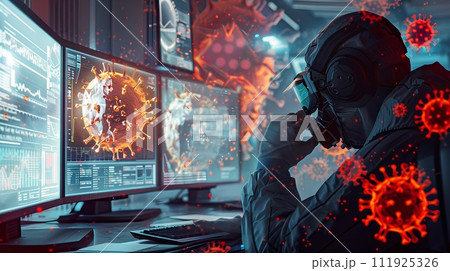 Digital image of virus against black background against blue background with vignette, Coronavirus outbreak and pandemic concept Digital image of virus against black background against blue background with vignette, Coronavirus outbreak and pandemic concept 111925326