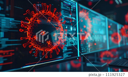 Digital image of virus against black background against blue background with vignette, Coronavirus outbreak and pandemic concept Digital image of virus against black background against blue background with vignette, Coronavirus outbreak and pandemic concept 111925327