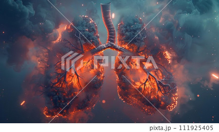 Bad Human lungs in blue and orange smoke on orange background for lung disease, 3d illustration 111925405