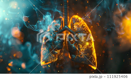Bad Human lungs in blue and orange smoke on orange background for lung disease, 3d illustration 111925406