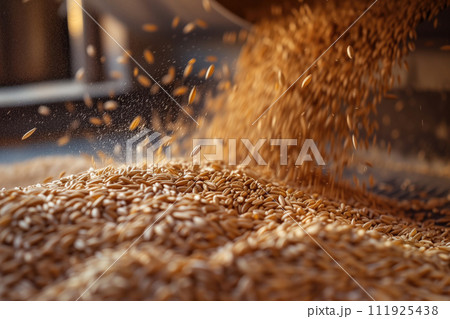 AI-generated content. Wheat grains being poured in bulk, illustrating concepts of food logistics, cereal commodity markets, and agricultural economics for use in industry reports and educational texts 111925438