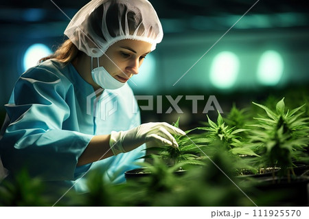 An agronomist inspects marijuana bushes grown in a greenhouse. 111925570
