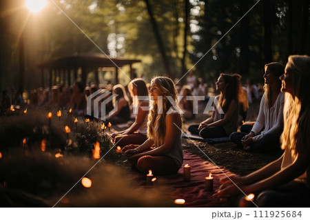 A group of girls do yoga on the street. A group of girls do yoga on the street. 111925684