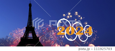 Rings and celebratory colorful fireworks over the Eiffel Tower in Paris (2024), France 111925703