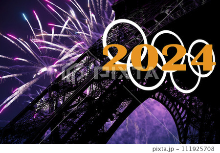 Rings and celebratory colorful fireworks over the Eiffel Tower in Paris (2024), France 111925708