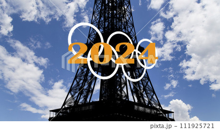 Rings and Eiffel Tower against the background of a beautiful sky with clouds. Paris (2024), France Rings and Eiffel Tower against the background of a beautiful sky with clouds. Paris (2024), France 111925721