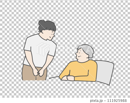 與女性護理人員躺在床上的老年婦女 與女性護理人員躺在床上的老年婦女 111925988