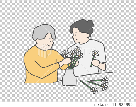 Elderly woman enjoying recreation and female caregiver, fresh flowers, flower arrangement 111925990