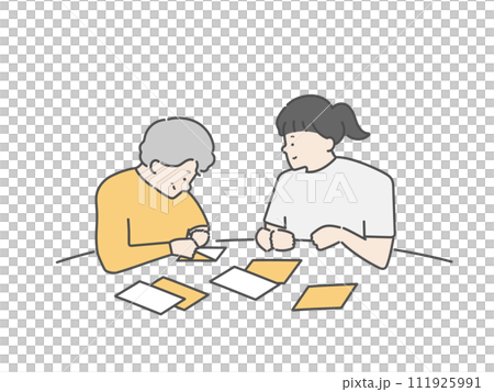 Origami of an elderly woman having recreation and a female caregiver 111925991