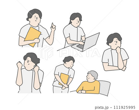 介護現場で働く女性看護師 イラストセット 介護現場で働く女性看護師 イラストセット 111925995