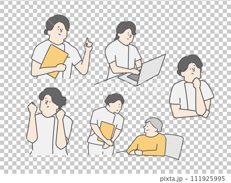 介護現場で働く女性看護師 イラストセット 介護現場で働く女性看護師 イラストセット 111925995