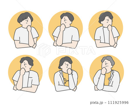 医療介護現場で働く人々 考えるイラストアイコンセット 医療介護現場で働く人々 考えるイラストアイコンセット 111925996