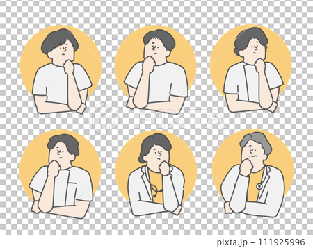 医療介護現場で働く人々 考えるイラストアイコンセット 医療介護現場で働く人々 考えるイラストアイコンセット 111925996