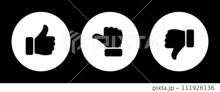 Like, dislike and neutral thumb symbols in black and white circle. Feedback and rating thumbs up and thumbs down icons set. Thumbs up, down and sideways icon set isolated on black background. 111926136