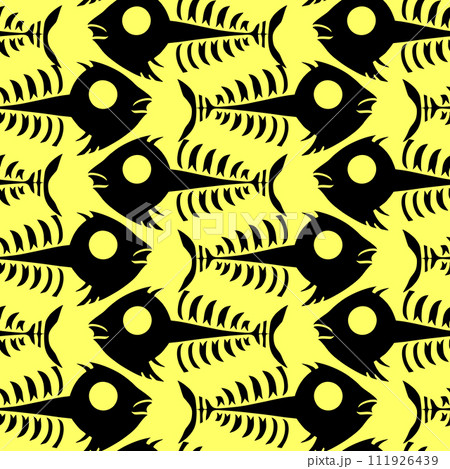 seamless pattern of black graphic fish skeletons on a yellow background, texture, design seamless pattern of black graphic fish skeletons on a yellow background, texture, design 111926439