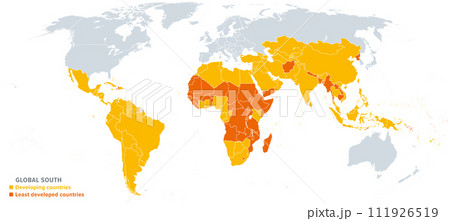 The Global South, political world map, showing developing countries or territories highlighted in yellow, least developed countries in orange, and the Global North in gray color. Illustration. Vector. 111926519