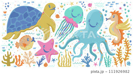 Vector set of cute marine animals and plants isolated on white background Vector set of cute marine animals and plants isolated on white background 111926982