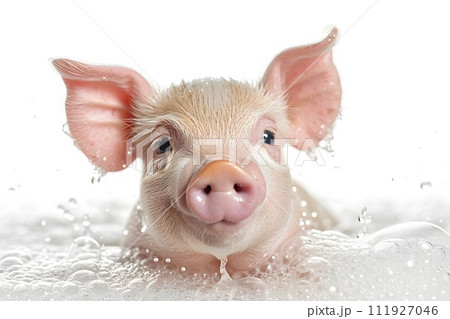 A young piglet happily washes himself in the bathtub 111927046